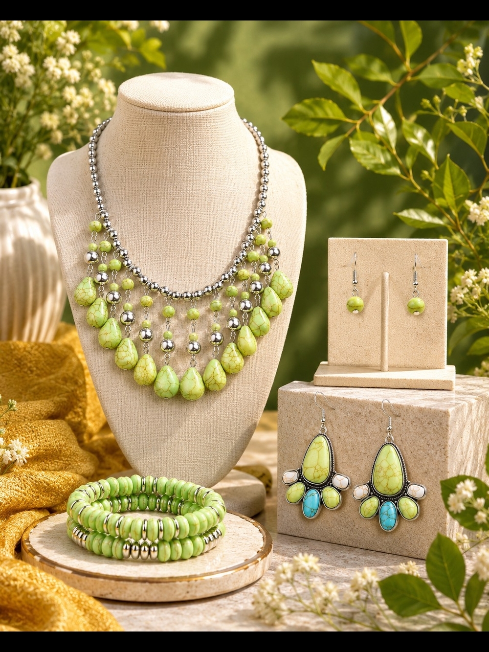 Lime Green Beaded Statement Necklace Set with Earrings and Bracelet